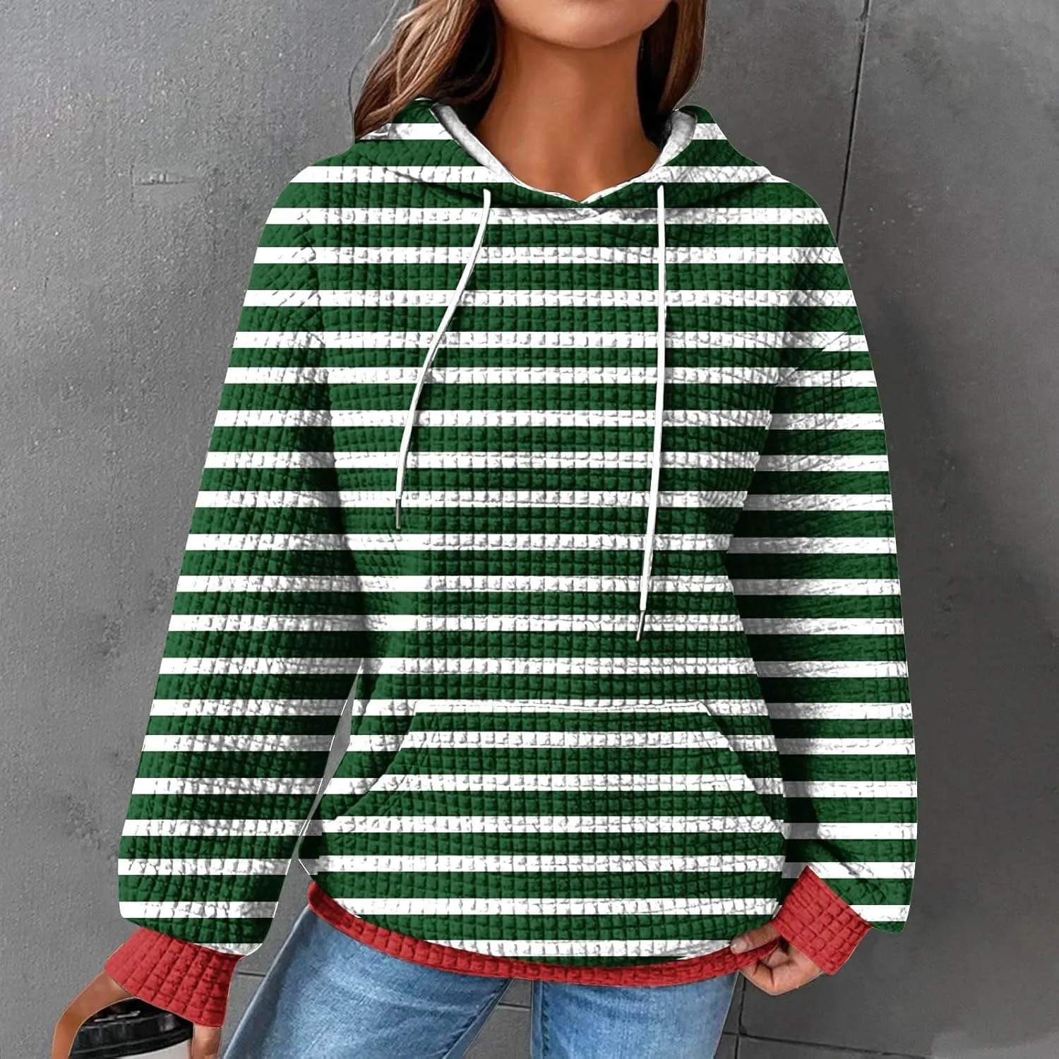 Womens Hoodies Casual Long Sleeve Drawstring Waffle Pullover Tops Solid Hoodie with Pockets