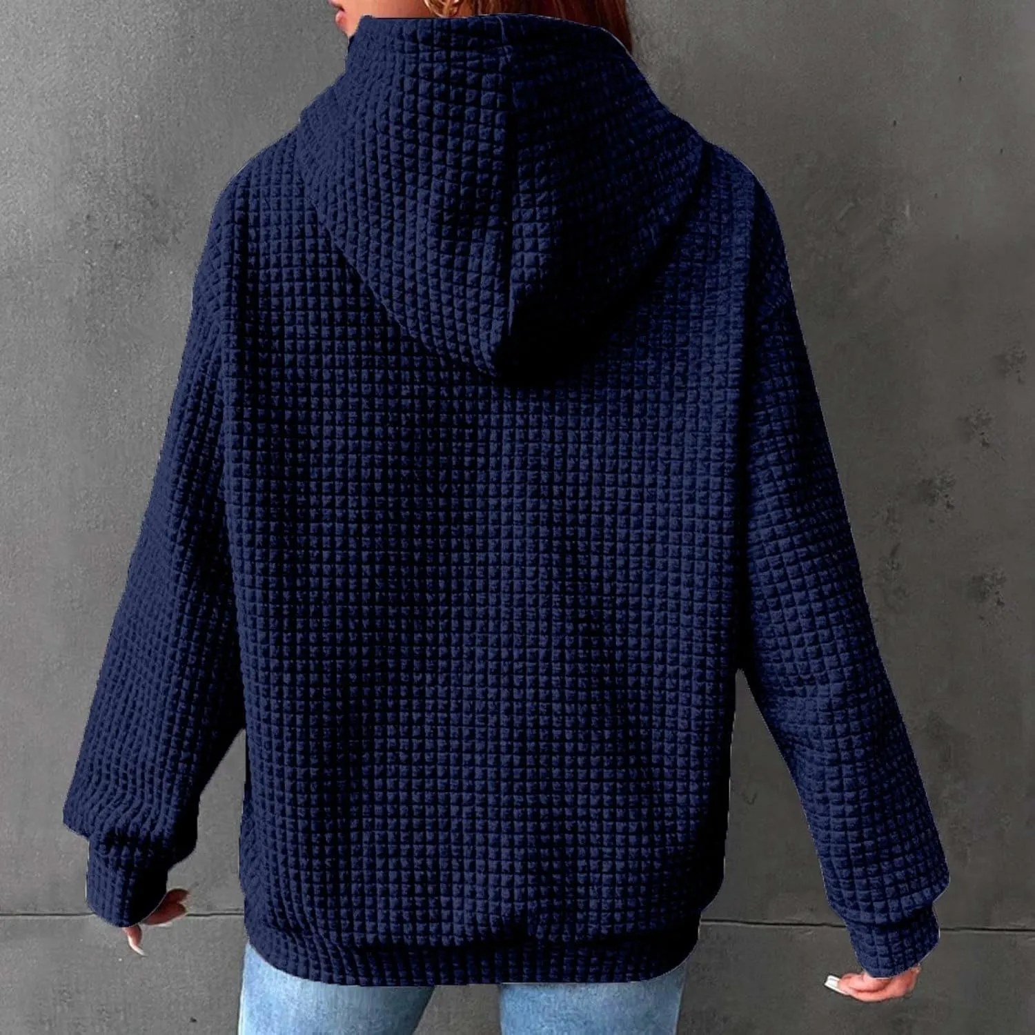 Womens Hoodies Casual Long Sleeve Drawstring Waffle Pullover Tops Solid Hoodie with Pockets