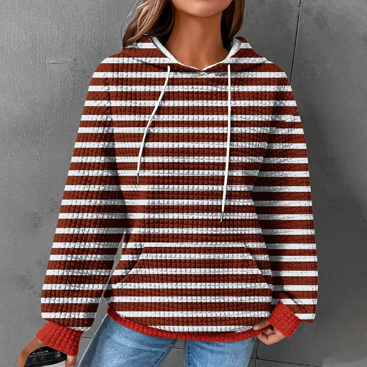 Womens Hoodies Casual Long Sleeve Drawstring Waffle Pullover Tops Solid Hoodie with Pockets