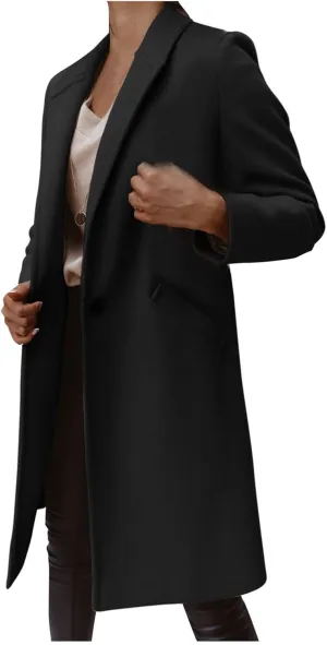 Women's Lapel Collar Wool Pea Coat Long Sleeve Casual Mid-Long Overcoats One Button Business Trench Coat Winter Jacket