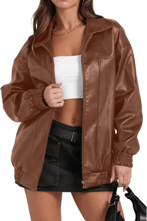 Womens Leather Jacket Oversized Leather Bomber Jackets Faux Suede Fall Fashion Motorcycle Coats Black Biker Outfits