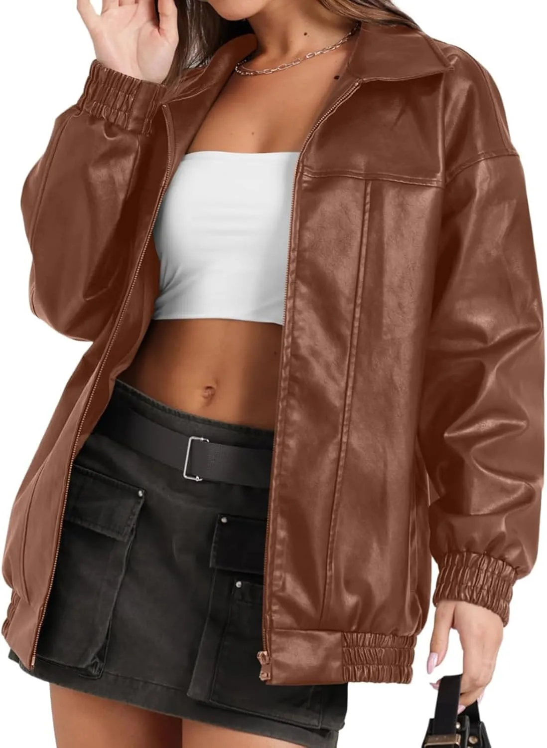 Womens Leather Jacket Oversized Leather Bomber Jackets Faux Suede Fall Fashion Motorcycle Coats Black Biker Outfits