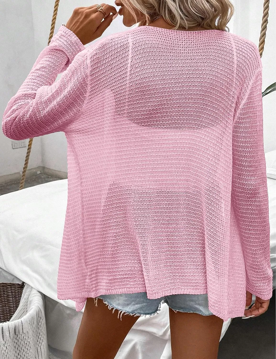 Womens Lightweight Crochet Cardigan Sweater Rib Knit Open Front Sweater Coats