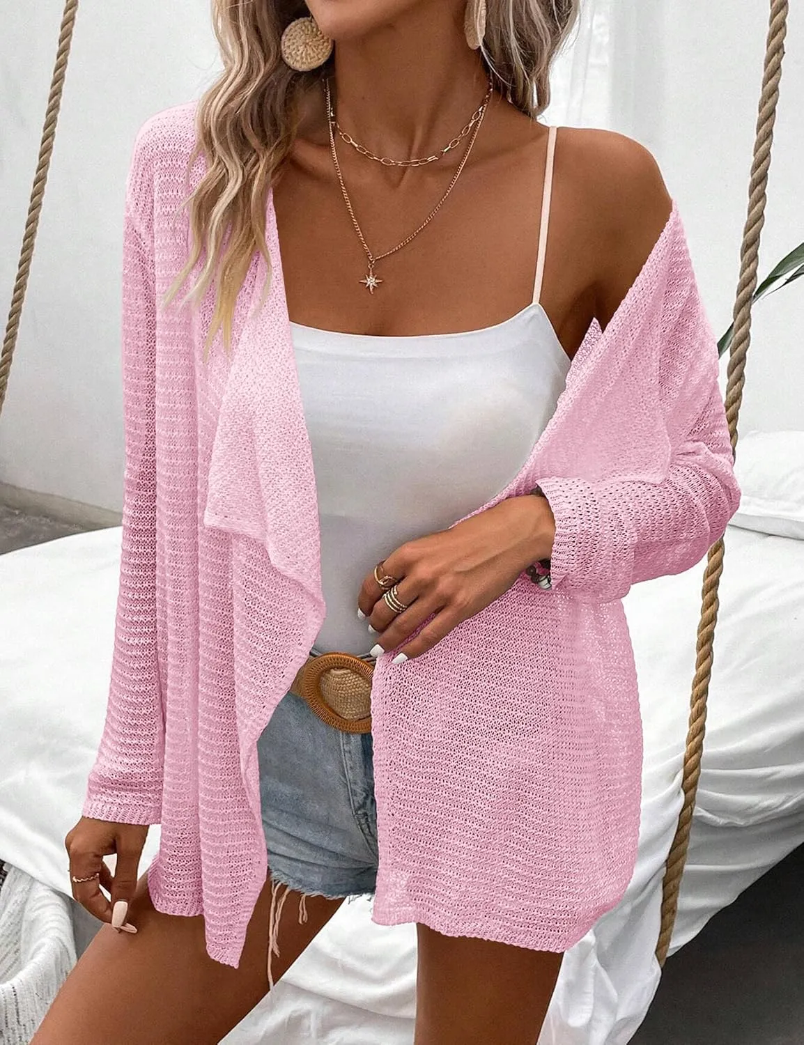 Womens Lightweight Crochet Cardigan Sweater Rib Knit Open Front Sweater Coats