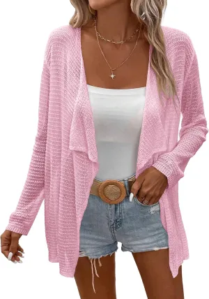 Womens Lightweight Crochet Cardigan Sweater Rib Knit Open Front Sweater Coats