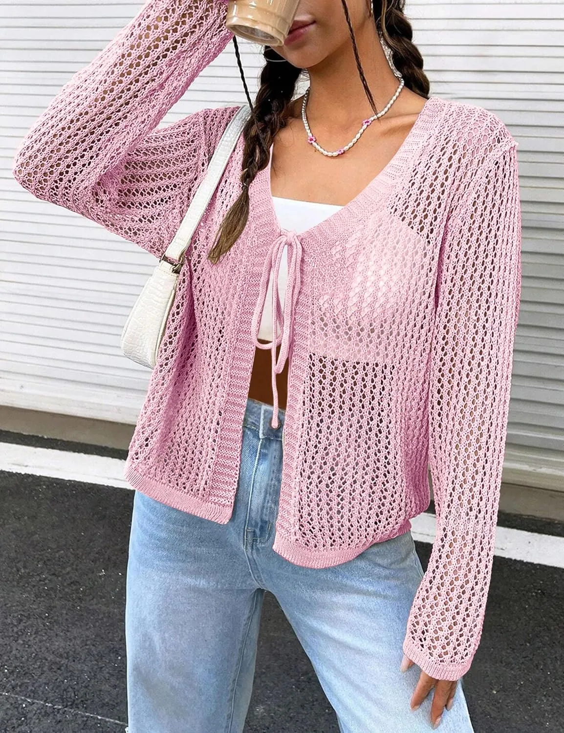 Womens Lightweight Crochet Cardigan Tie Front Shrugs Knit Crop Tops