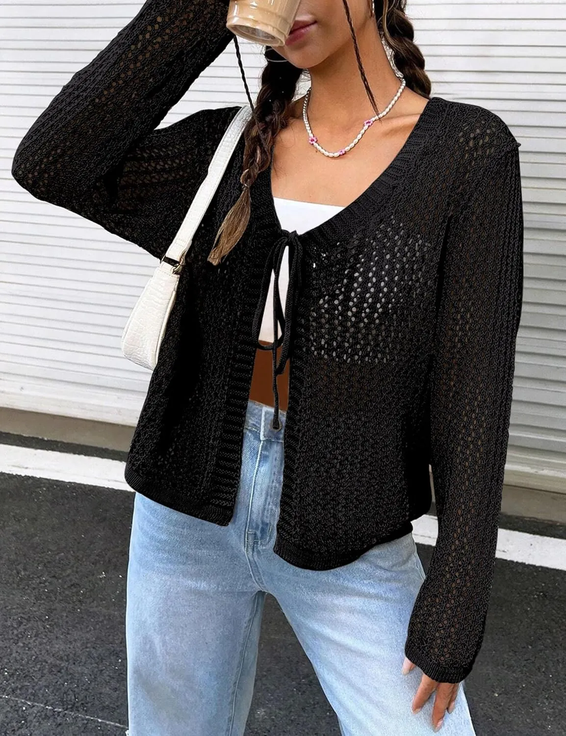 Womens Lightweight Crochet Cardigan Tie Front Shrugs Knit Crop Tops