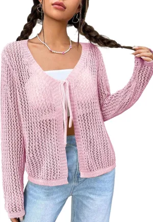 Womens Lightweight Crochet Cardigan Tie Front Shrugs Knit Crop Tops
