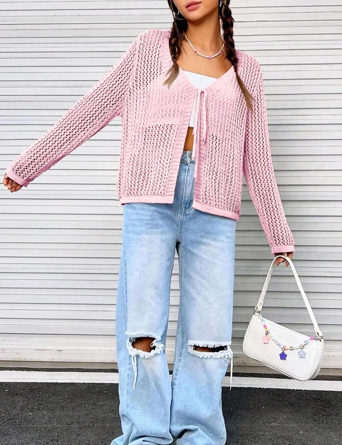 Womens Lightweight Crochet Cardigan Tie Front Shrugs Knit Crop Tops