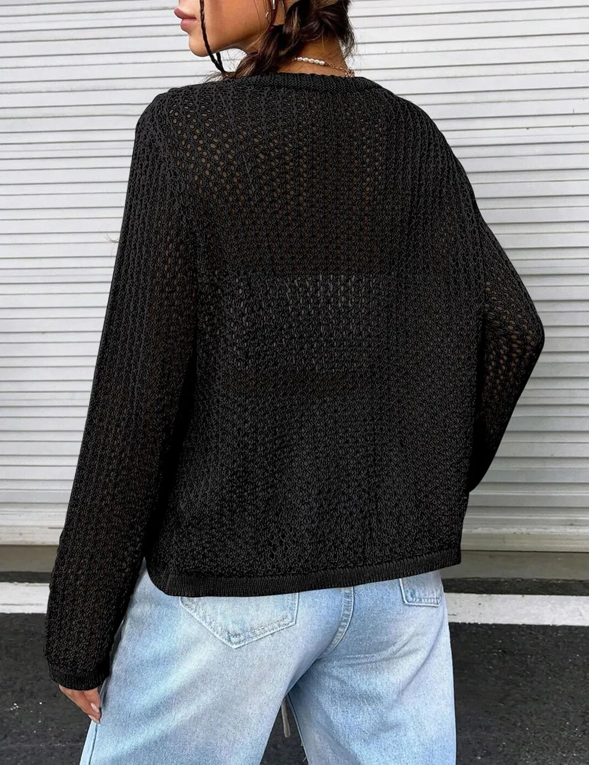 Womens Lightweight Crochet Cardigan Tie Front Shrugs Knit Crop Tops