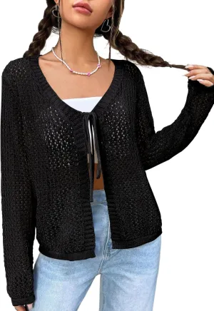 Womens Lightweight Crochet Cardigan Tie Front Shrugs Knit Crop Tops