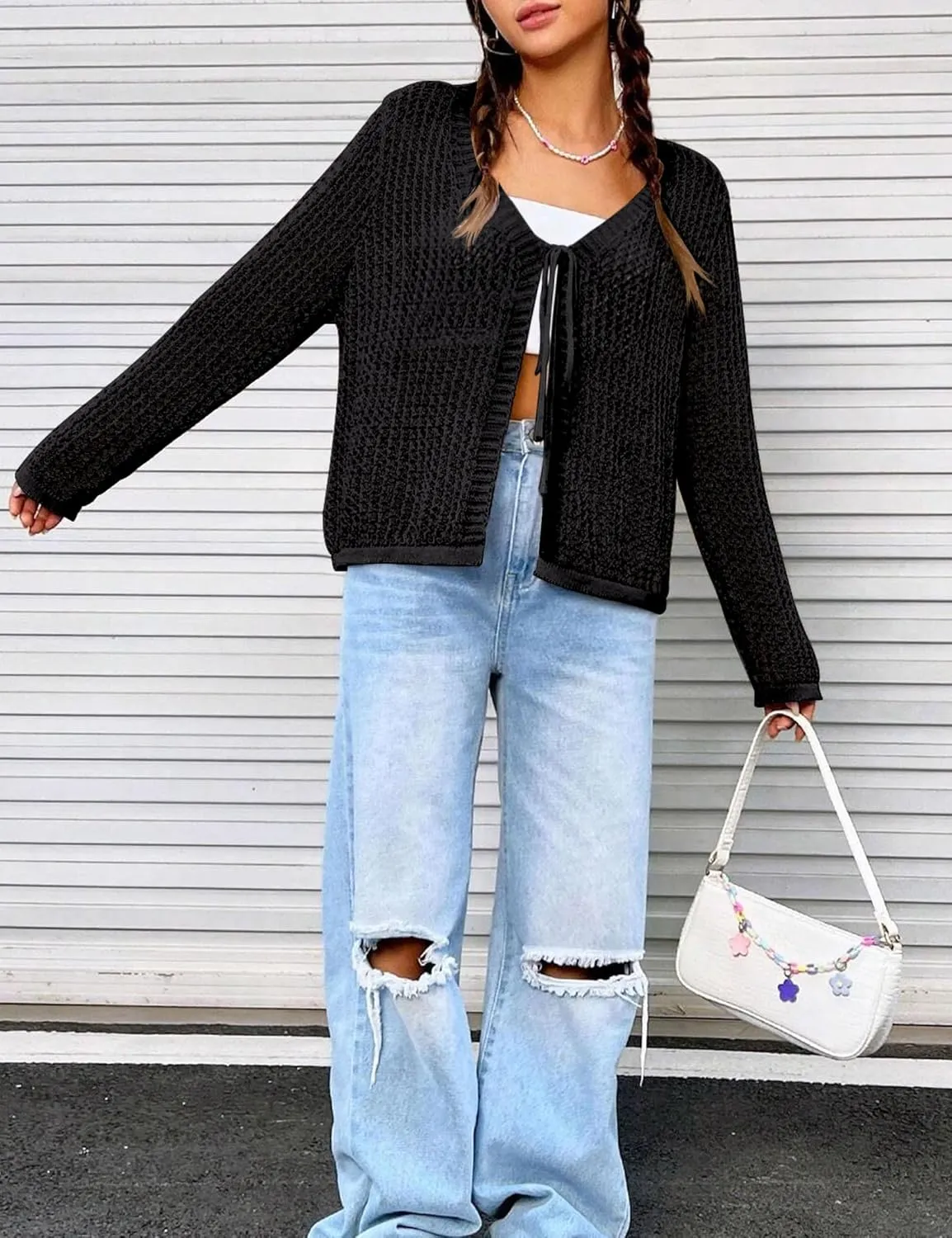 Womens Lightweight Crochet Cardigan Tie Front Shrugs Knit Crop Tops