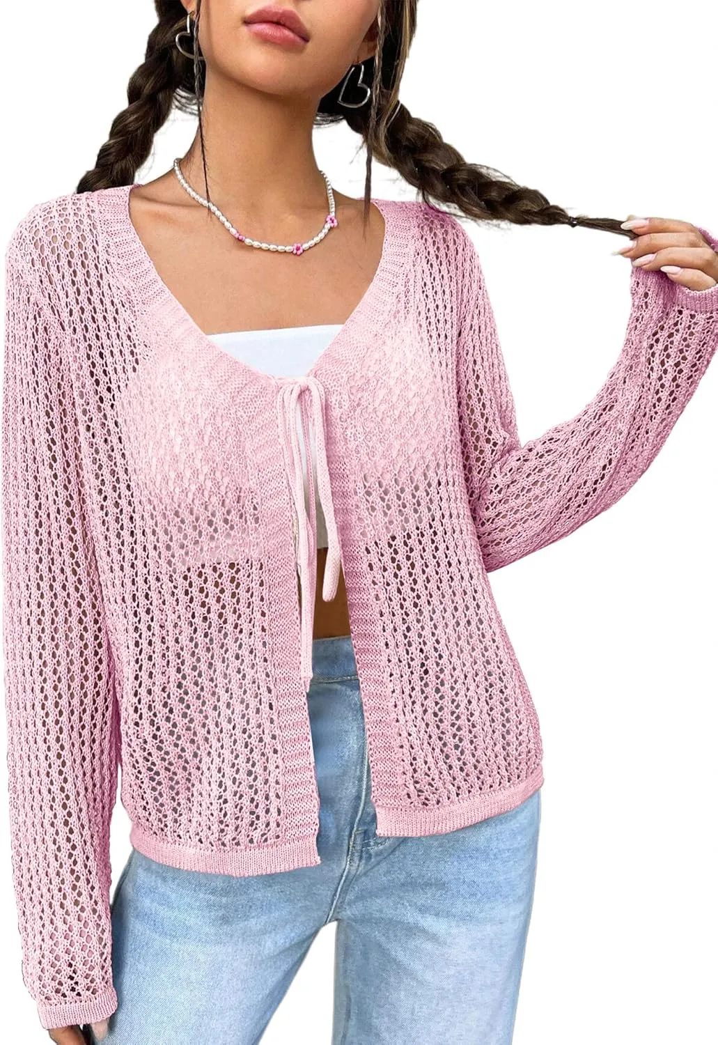 Womens Lightweight Crochet Cardigan Tie Front Shrugs Knit Crop Tops