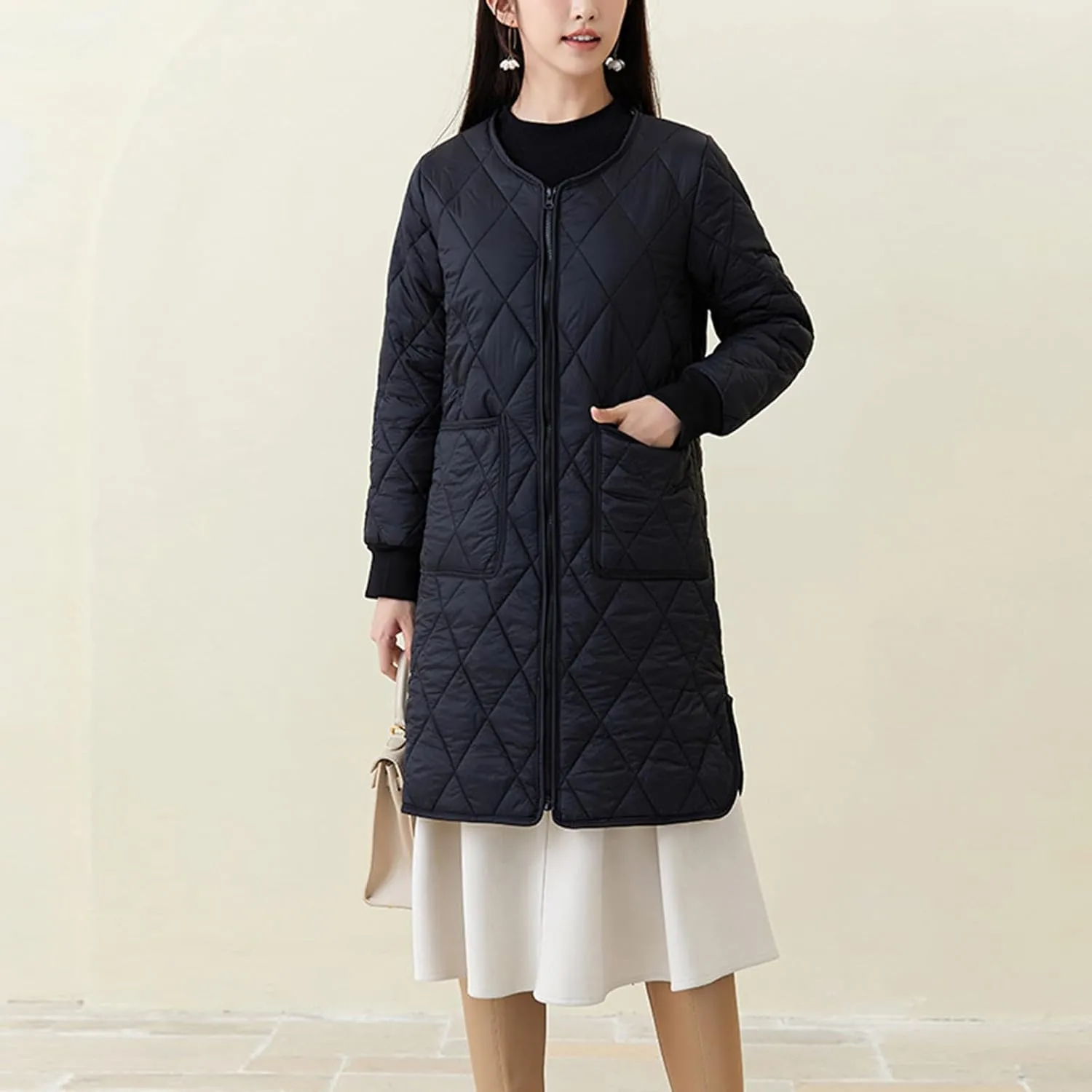 Womens Lightweight Quilted Jacket Winter Warm Fleece Mid-Length Cotton Padded Puffer Coats Collarless Split Hem Outwear
