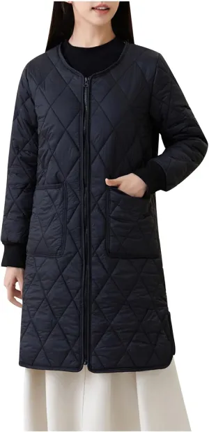 Womens Lightweight Quilted Jacket Winter Warm Fleece Mid-Length Cotton Padded Puffer Coats Collarless Split Hem Outwear