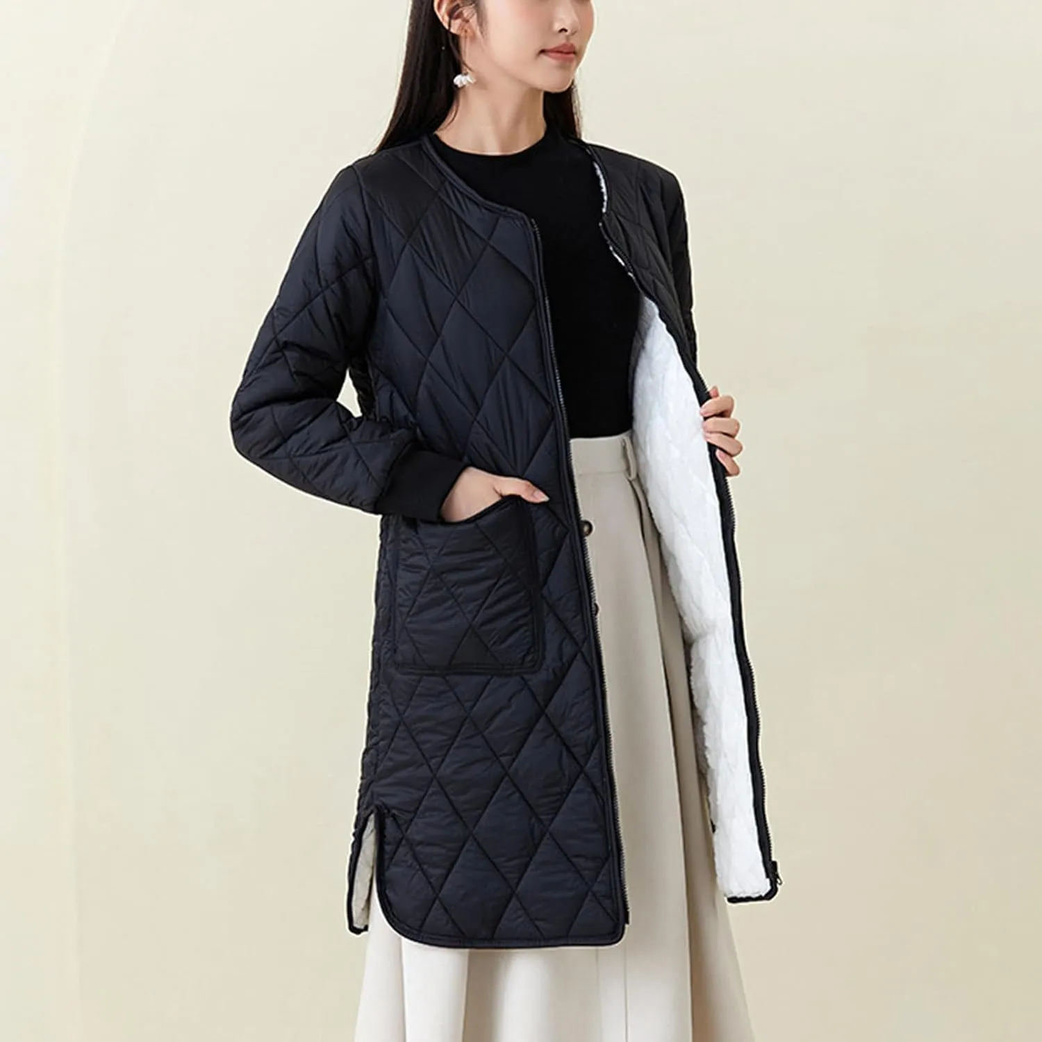 Womens Lightweight Quilted Jacket Winter Warm Fleece Mid-Length Cotton Padded Puffer Coats Collarless Split Hem Outwear