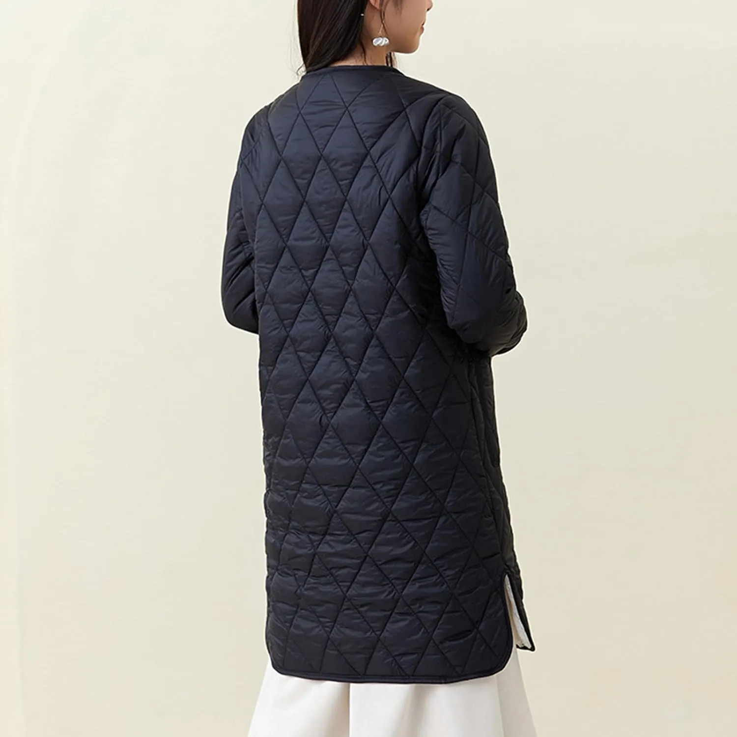 Womens Lightweight Quilted Jacket Winter Warm Fleece Mid-Length Cotton Padded Puffer Coats Collarless Split Hem Outwear
