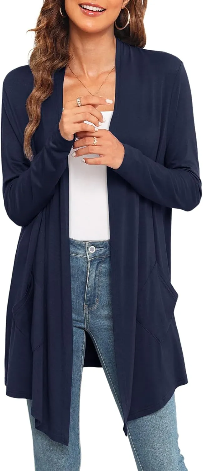 Womens Lightweight Summer Cardigan Casual Drape Soft Open Front Short Sleeve Cardigans with Pockets High Low Hem