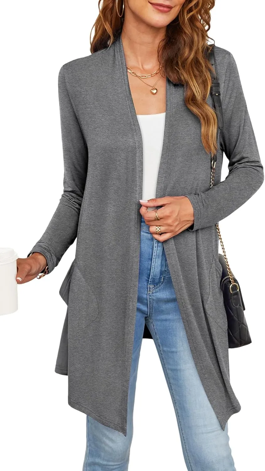 Womens Lightweight Summer Cardigan Casual Drape Soft Open Front Short Sleeve Cardigans with Pockets High Low Hem