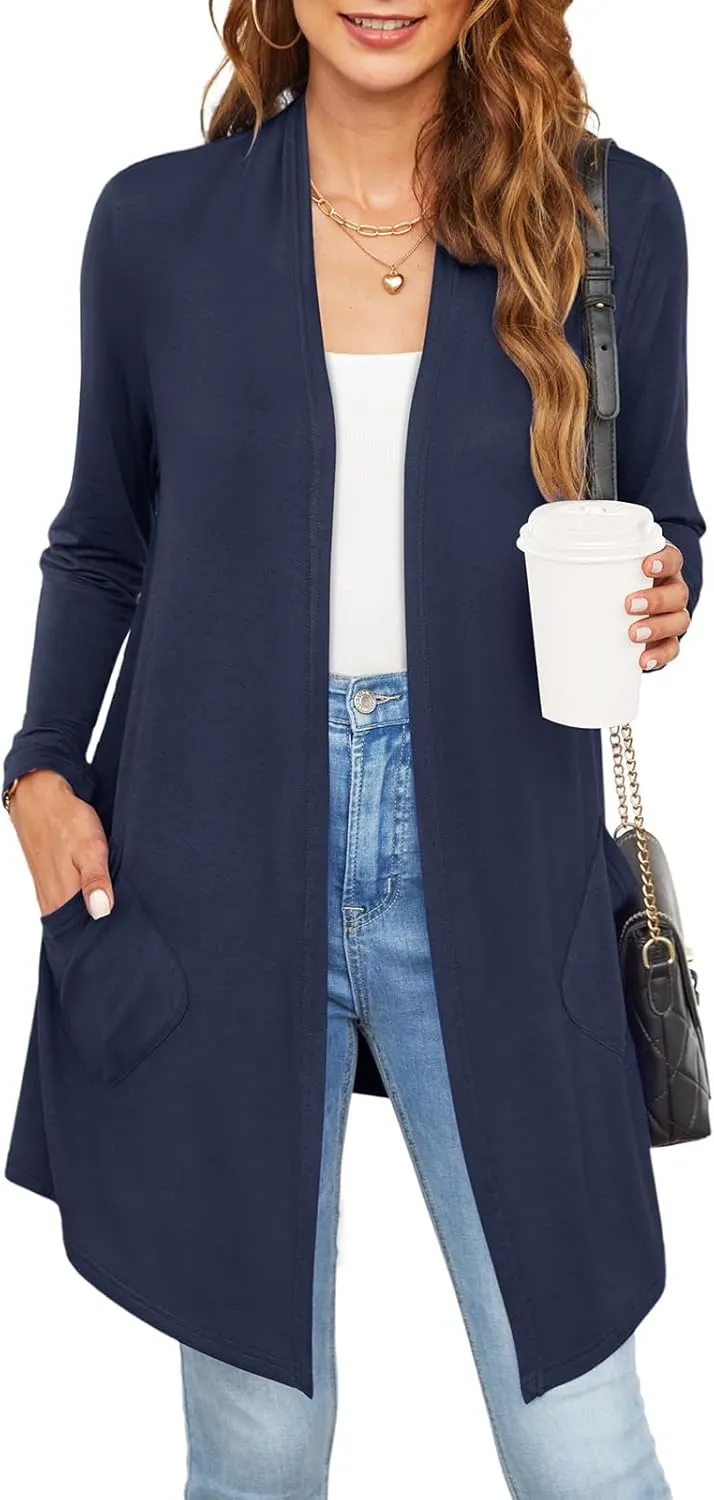 Womens Lightweight Summer Cardigan Casual Drape Soft Open Front Short Sleeve Cardigans with Pockets High Low Hem