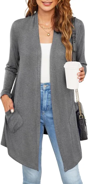 Womens Lightweight Summer Cardigan Casual Drape Soft Open Front Short Sleeve Cardigans with Pockets High Low Hem