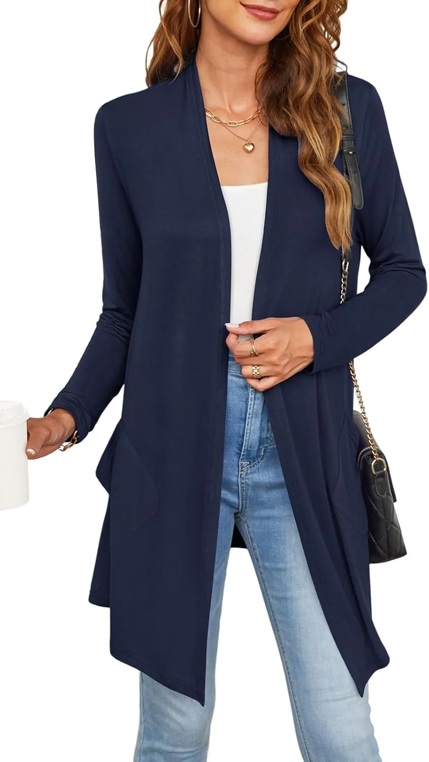 Womens Lightweight Summer Cardigan Casual Drape Soft Open Front Short Sleeve Cardigans with Pockets High Low Hem