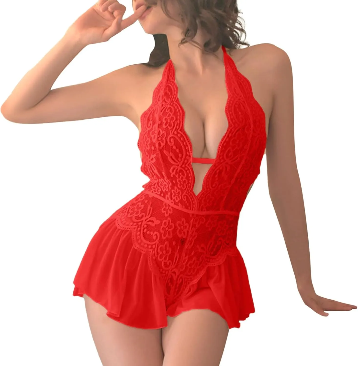 Women'S Lingerie Drawstring Waist Lingerie Set Teddy Lingerie Cami Shorts Set Eyelash Crochet