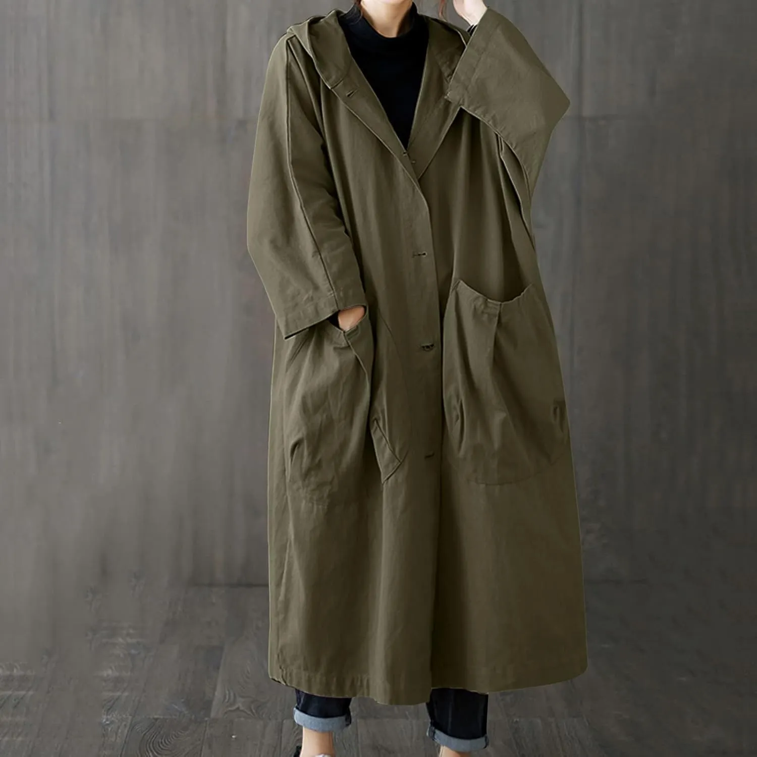Womens Long Breasted Trench Coat Midi Length Overcoat Jacket Women Anorak
