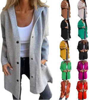 Womens Long Cardigan Casual Single Breasted Hooded Jacket Lapel Neck Long Sleeve Solid Trench Coat for Women 2024