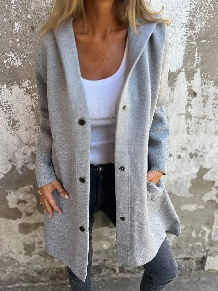 Womens Long Cardigan Casual Single Breasted Hooded Jacket Lapel Neck Long Sleeve Solid Trench Coat for Women 2024