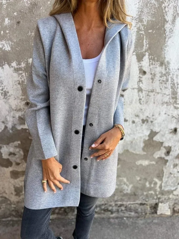 Womens Long Cardigan Casual Single Breasted Hooded Jacket Lapel Neck Long Sleeve Solid Trench Coat for Women 2024