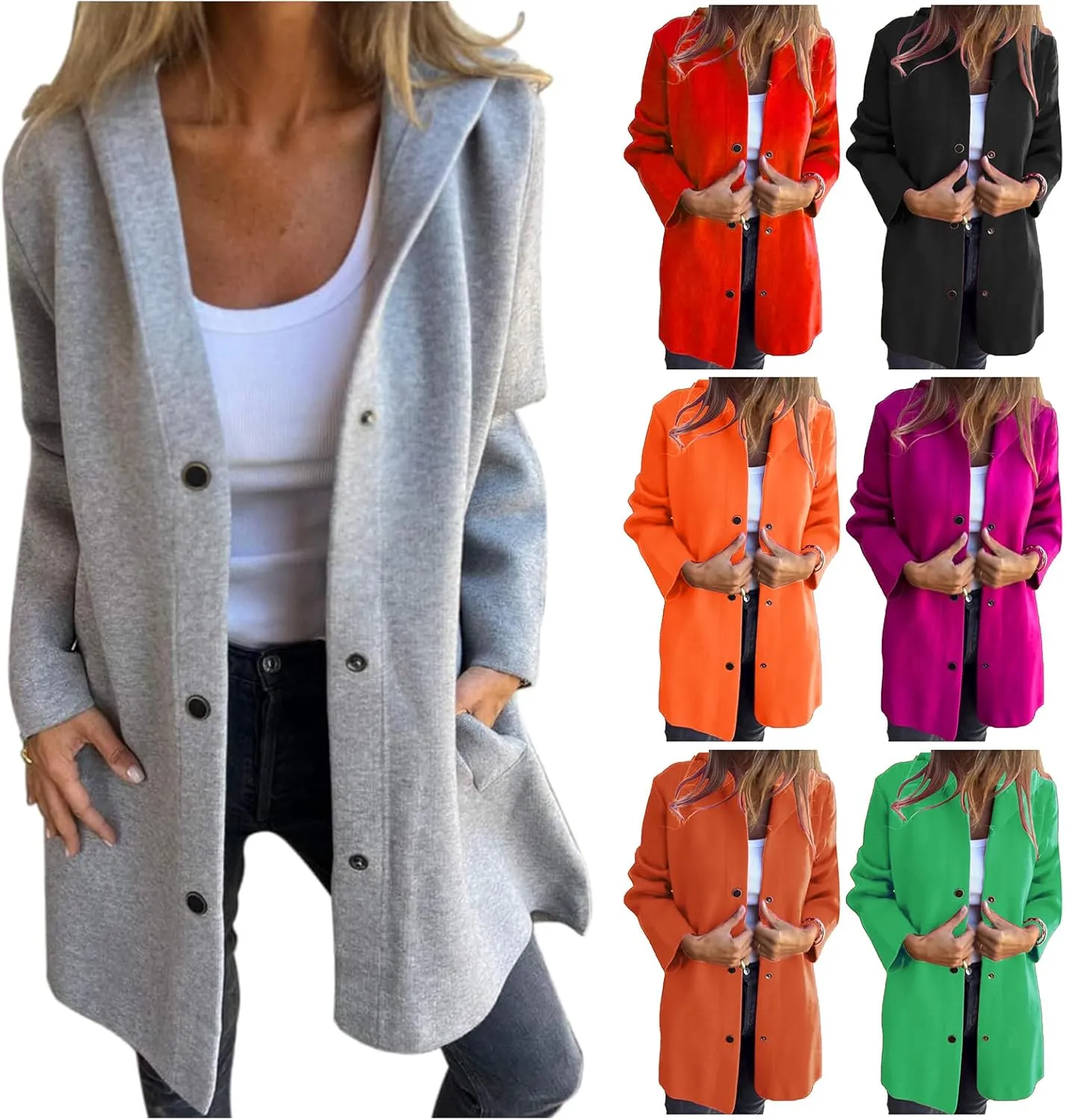 Womens Long Cardigan Casual Single Breasted Hooded Jacket Lapel Neck Long Sleeve Solid Trench Coat for Women 2024