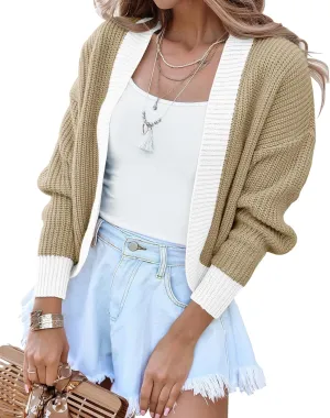 Women's Long Sleeve Open Front Knit Cropped Cardigan Sweaters Casual Drop Shoulder Short Shrugs Sweater Coats