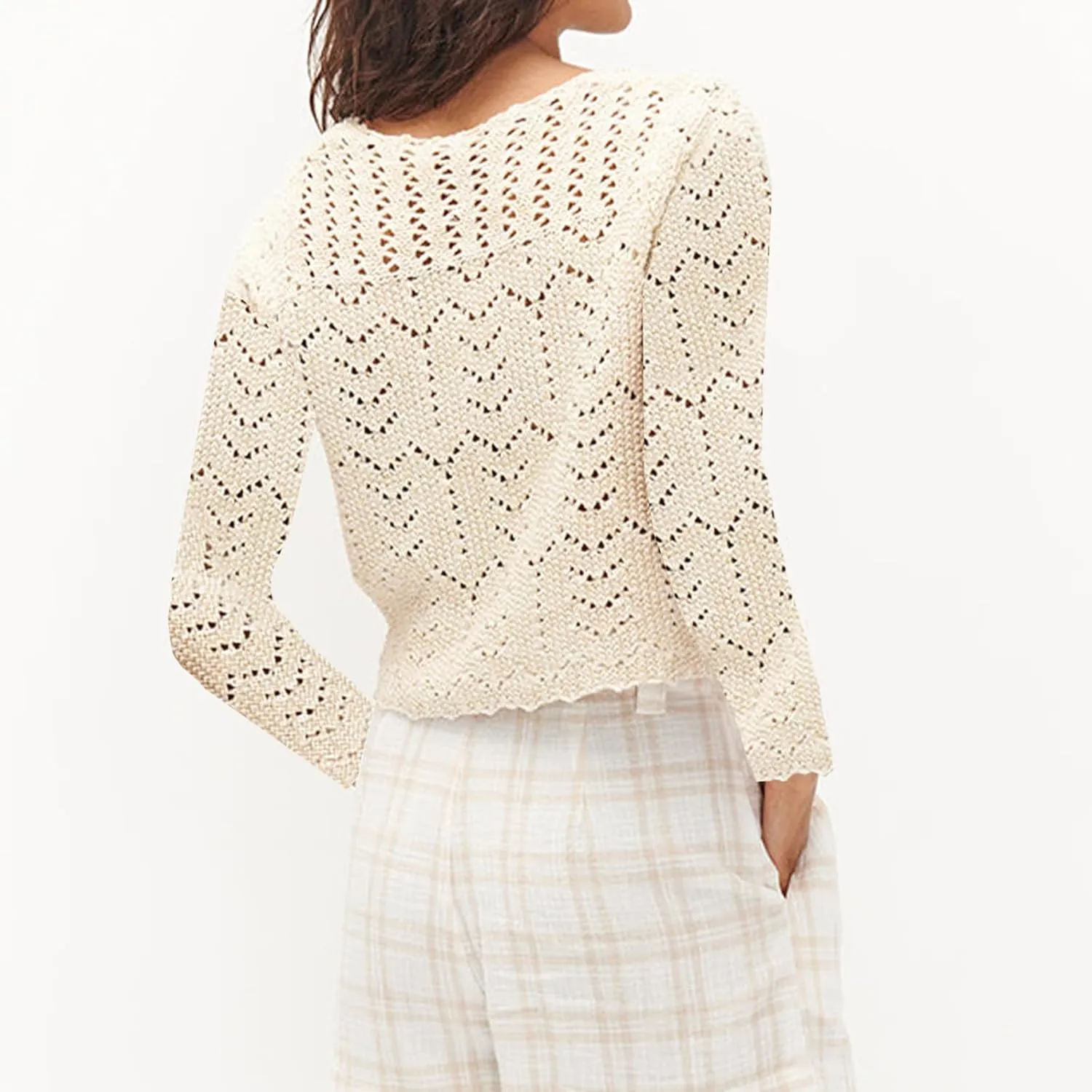 Womens Long Sleeve Open Front Knit Cropped Cardigan Sweaters V-Neck Button Down Crochet Sweater Tops Y2k Streetwear