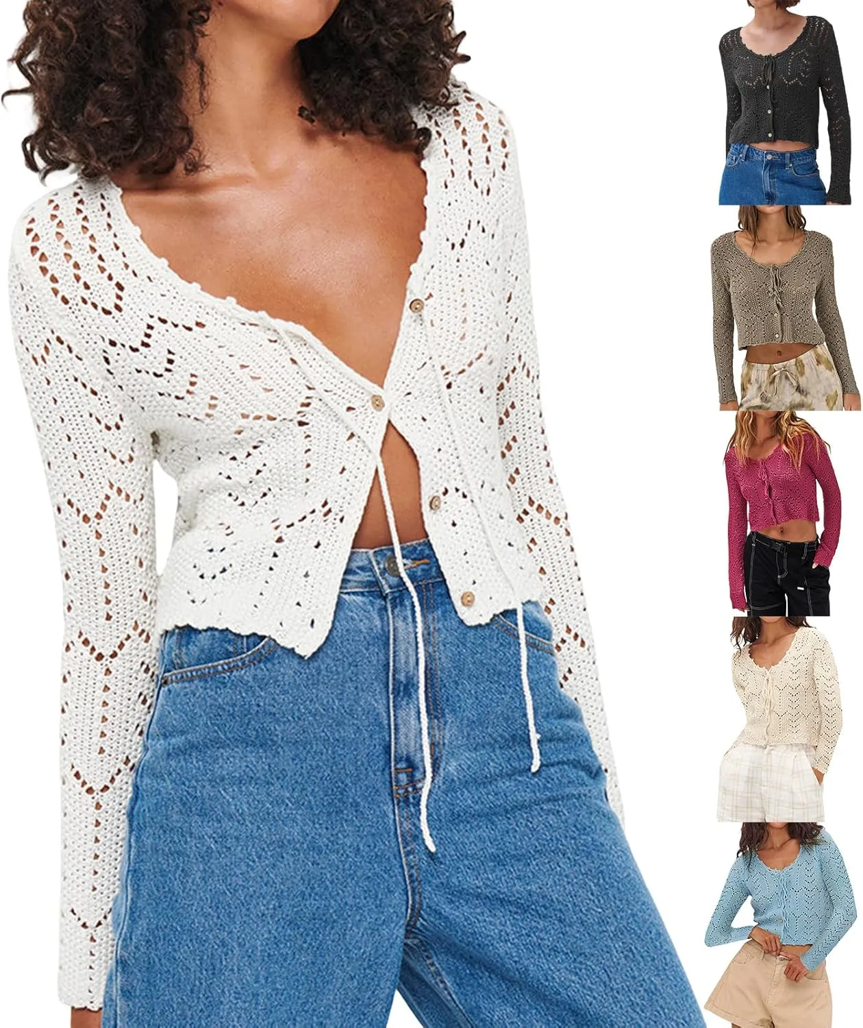 Womens Long Sleeve Open Front Knit Cropped Cardigan Sweaters V-Neck Button Down Crochet Sweater Tops Y2k Streetwear