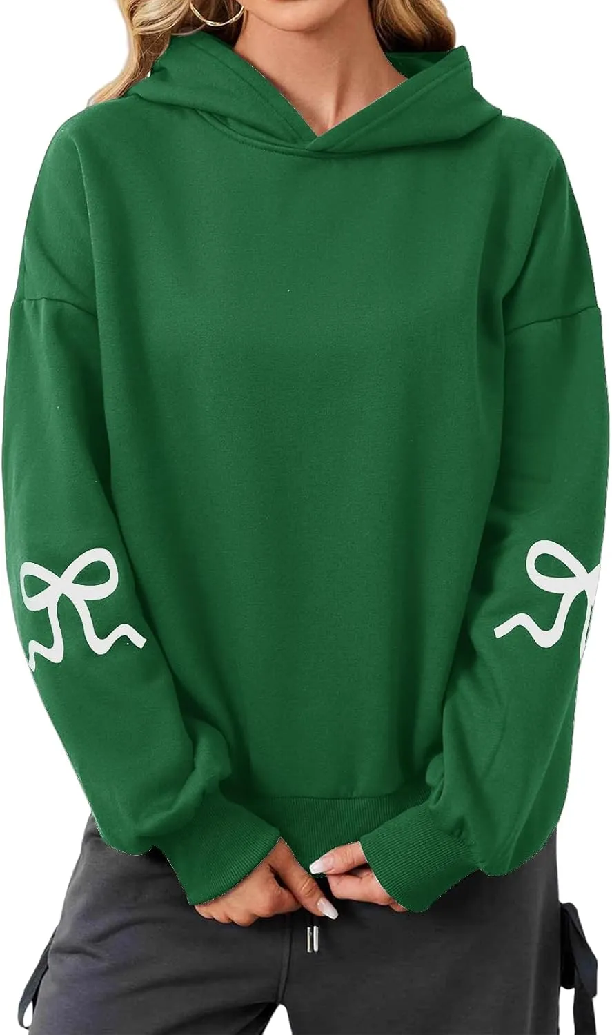 Womens Oversized Hoodies Bow Graphic Print Sweatshirts Casual Long Sleeve Shirts Pullover Hooded Jacket with Pockets