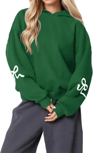 Womens Oversized Hoodies Bow Graphic Print Sweatshirts Casual Long Sleeve Shirts Pullover Hooded Jacket with Pockets