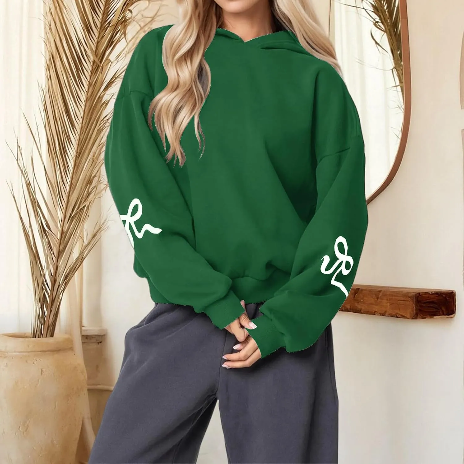 Womens Oversized Hoodies Bow Graphic Print Sweatshirts Casual Long Sleeve Shirts Pullover Hooded Jacket with Pockets