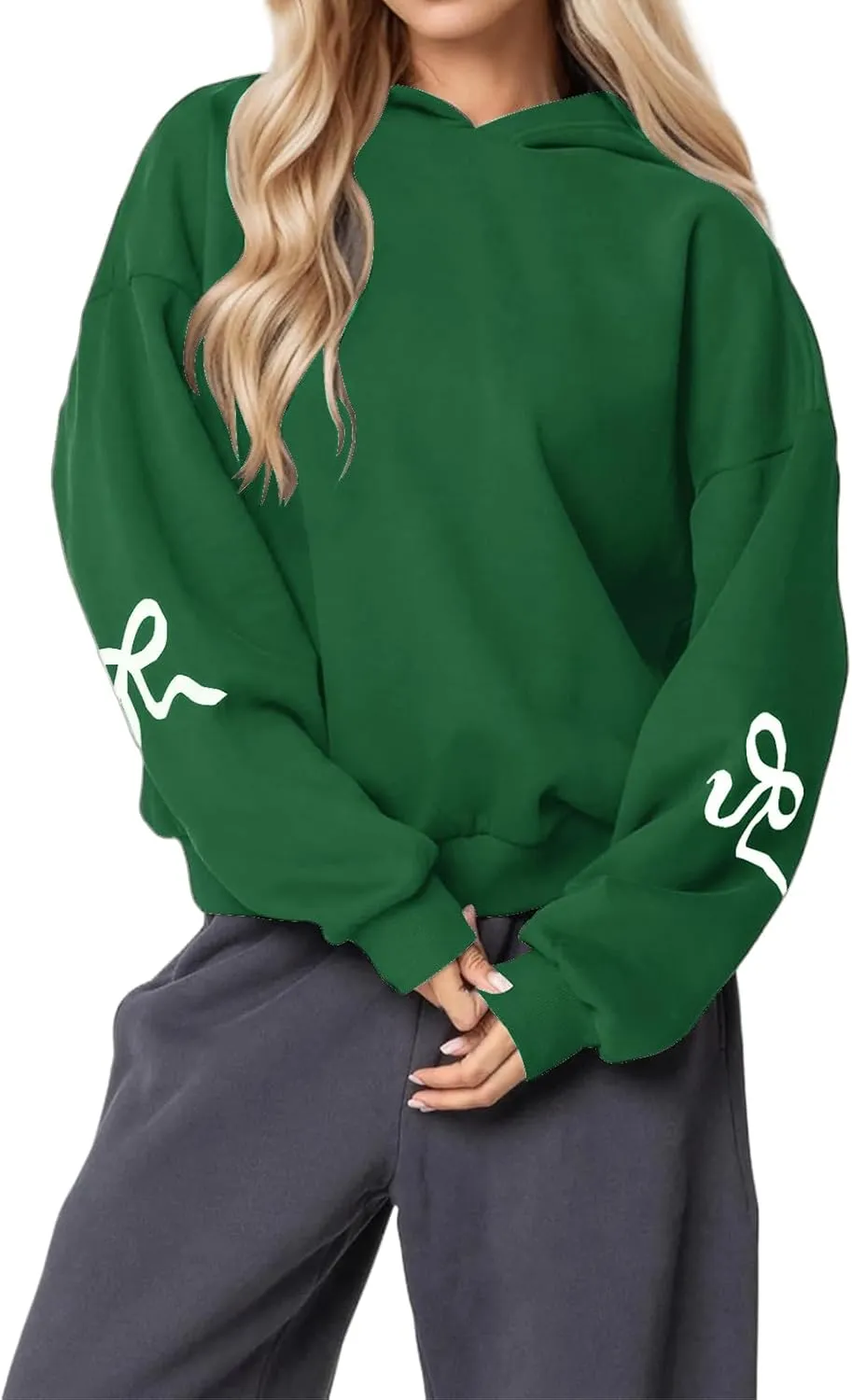 Womens Oversized Hoodies Bow Graphic Print Sweatshirts Casual Long Sleeve Shirts Pullover Hooded Jacket with Pockets