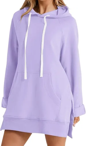 Womens Oversized Sweatshirts Hoodies Casual Long Sleeve Fleece Tops Solid Color Drawstring Pullover Split Soft Outfits