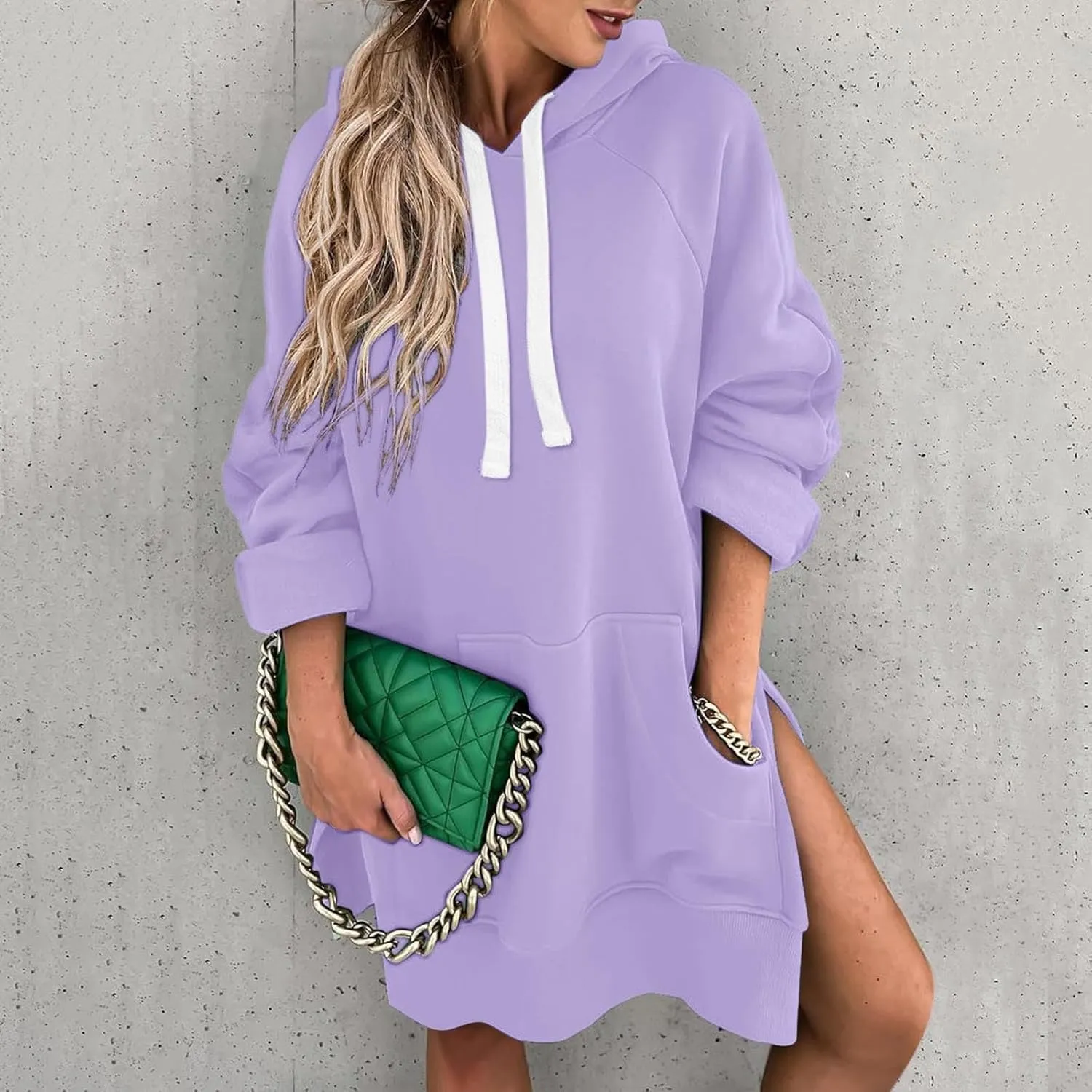 Womens Oversized Sweatshirts Hoodies Casual Long Sleeve Fleece Tops Solid Color Drawstring Pullover Split Soft Outfits