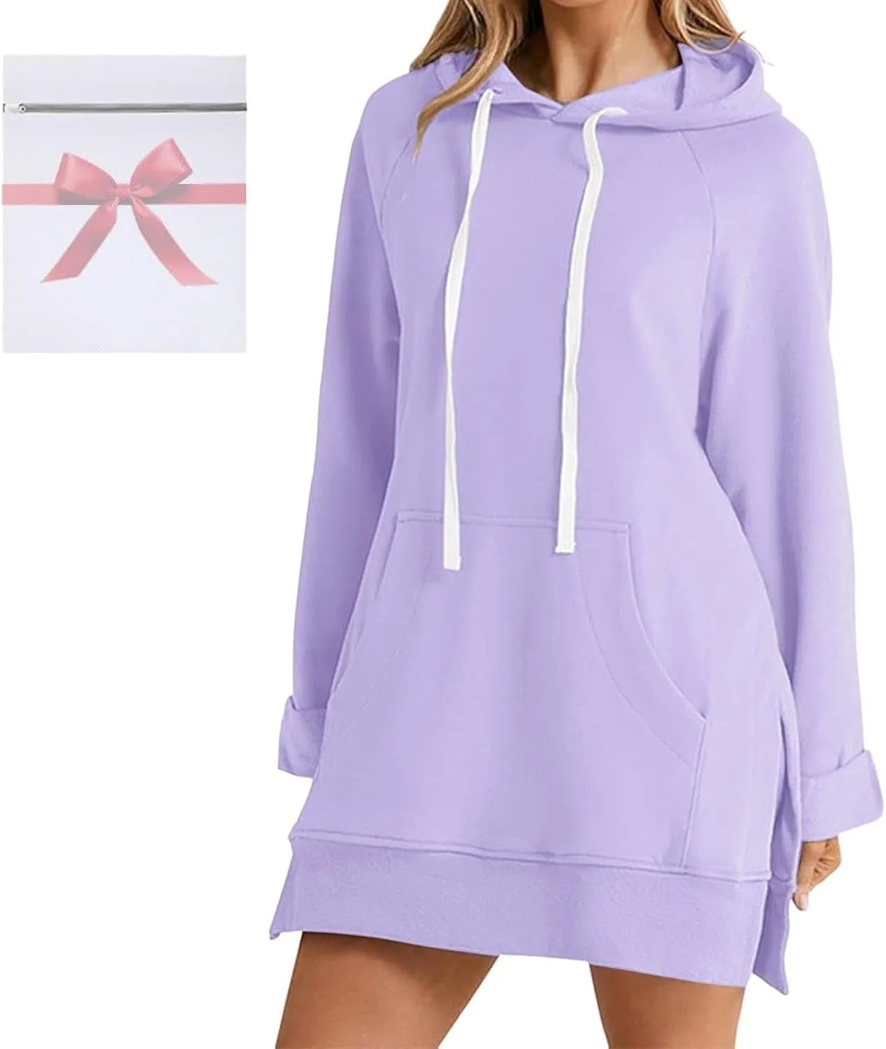 Womens Oversized Sweatshirts Hoodies Casual Long Sleeve Fleece Tops Solid Color Drawstring Pullover Split Soft Outfits