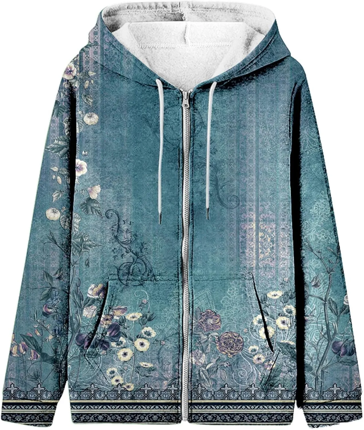 Women's Oversized Zip Up Hoodies Sweatshirts Floral Clothes Teen Girl Fall Drawstring Jackets with Pockets