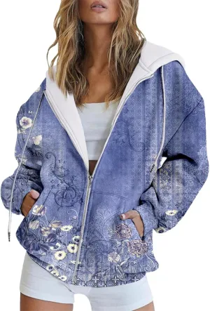 Women's Oversized Zip Up Hoodies Sweatshirts Floral Clothes Teen Girl Fall Drawstring Jackets with Pockets