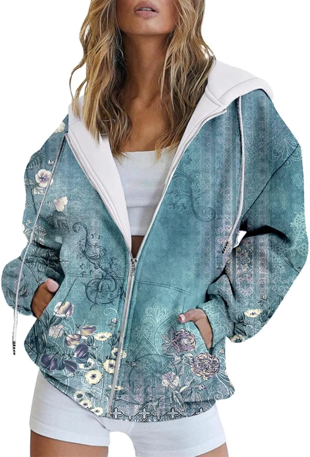 Women's Oversized Zip Up Hoodies Sweatshirts Floral Clothes Teen Girl Fall Drawstring Jackets with Pockets