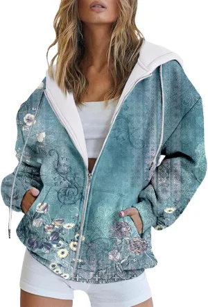 Women's Oversized Zip Up Hoodies Sweatshirts Floral Clothes Teen Girl Fall Drawstring Jackets with Pockets
