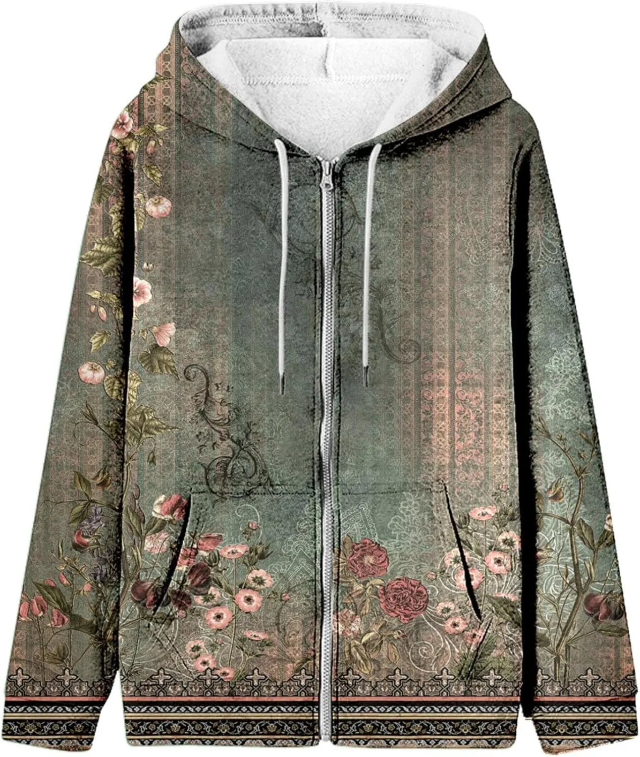 Women's Oversized Zip Up Hoodies Sweatshirts Floral Clothes Teen Girl Fall Drawstring Jackets with Pockets
