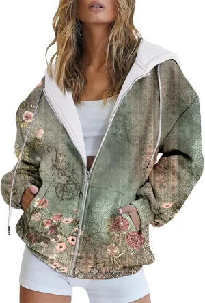 Women's Oversized Zip Up Hoodies Sweatshirts Floral Clothes Teen Girl Fall Drawstring Jackets with Pockets