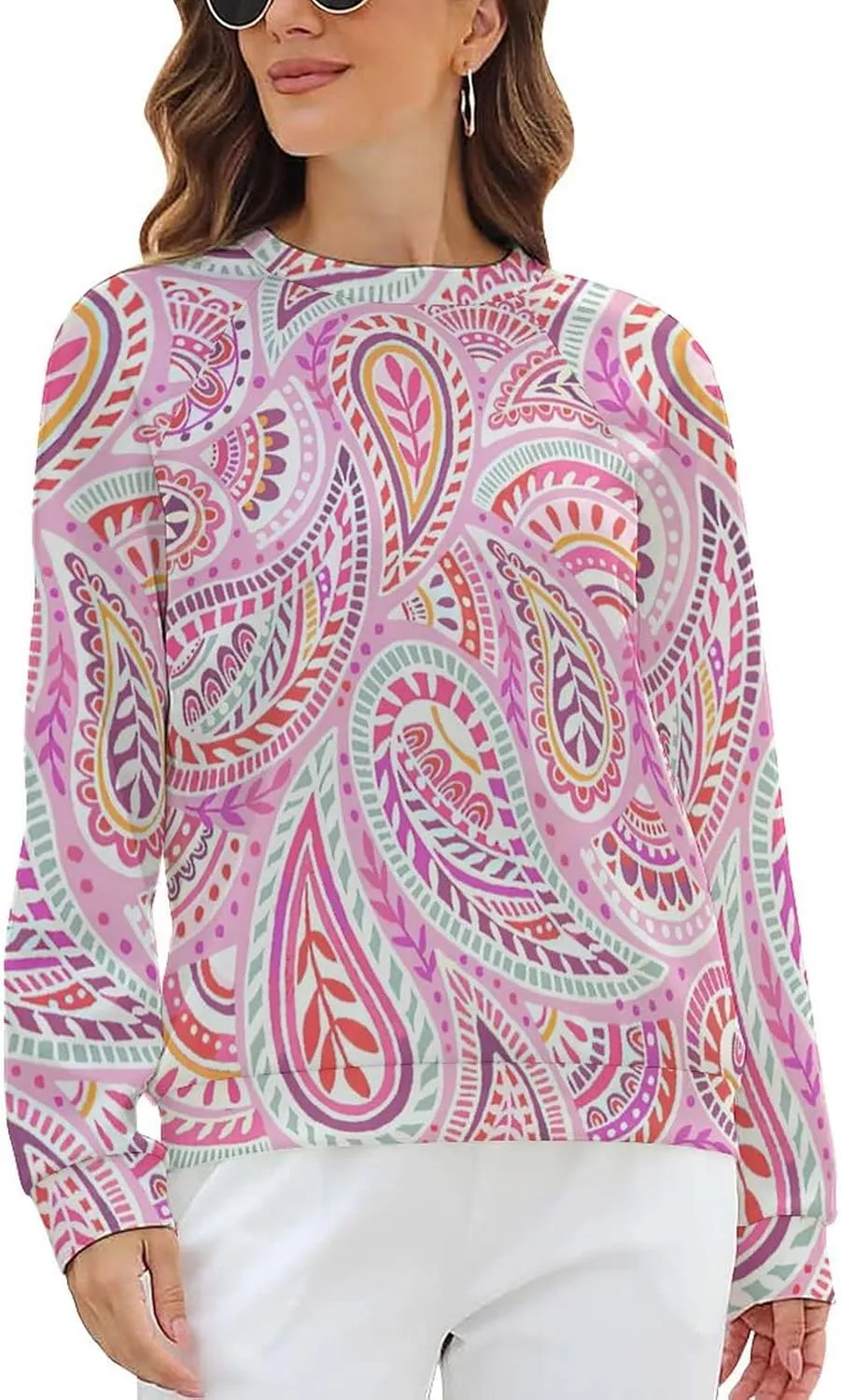 Womens Paisley Print Sweatshirt Oversized Loose Graphic Crewneck Sweatshirts Casual Long Raglan Sleeve Pullover Tops