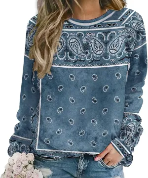 Womens Paisley Print Sweatshirt Oversized Loose Graphic Crewneck Sweatshirts Casual Long Raglan Sleeve Pullover Tops